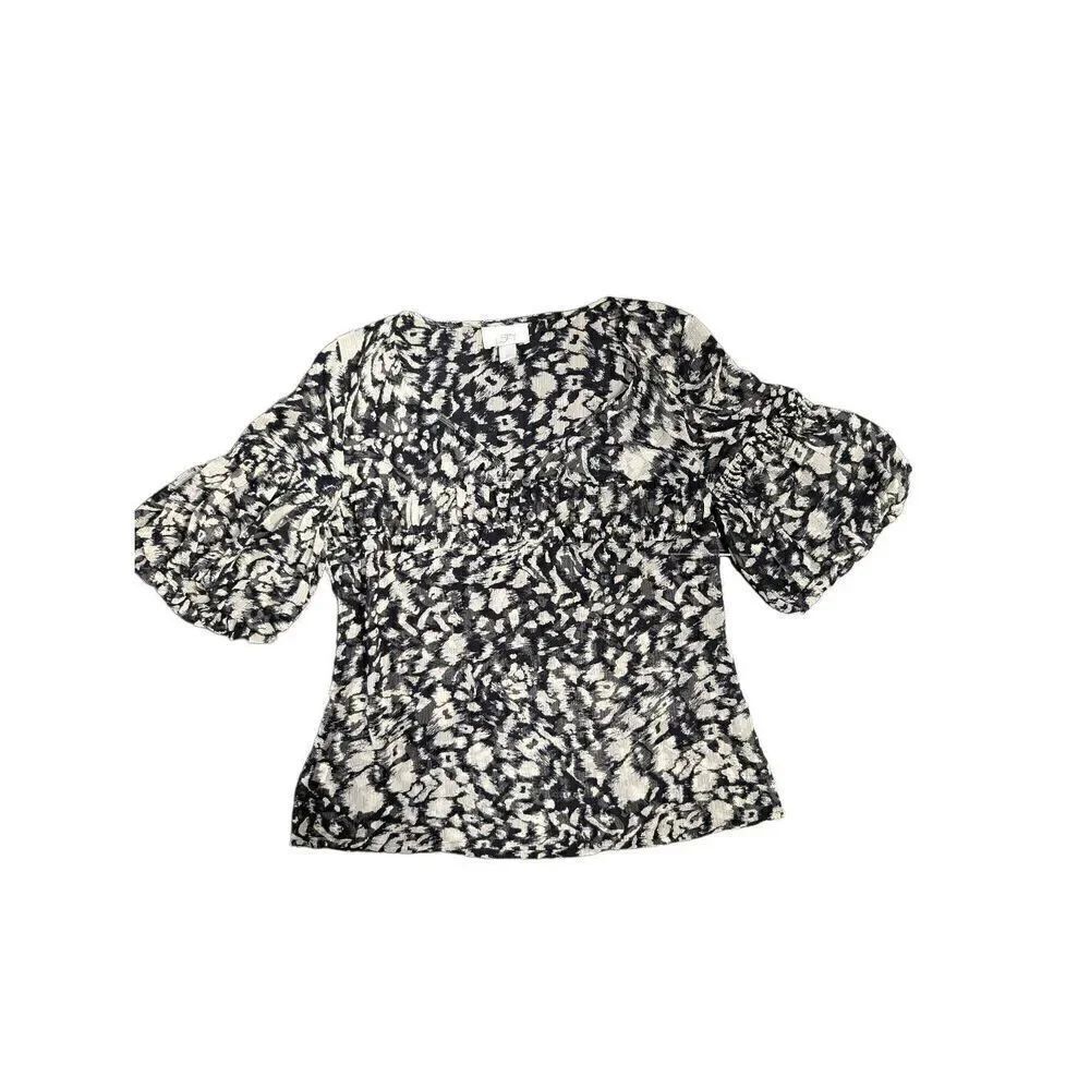 Ann Taylor LOFT Sheer Dressy Animal Print Blouse Puffy Flouncy Bell Sleeves Wome